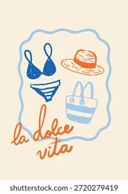 Postal de Vertical con bikini, sombrero de sol y bolso de playa dentro de un marco azul ondulado. “La dolce vita” escrita a mano en naranja. Perfecto para el ambiente de verano, papelería de vacaciones o regalos de viajes temáticos.