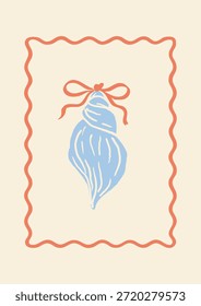 Cartão-postal vertical com concha azul amarrado com fita de coral. Fundo bege e moldura ondulada de coral. Adequado para cartão de saudação de verão, decoração com tema de mar, convites e papelaria de viagem.