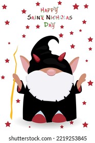 Vertical postcard to the day of St. Nicholas. Crampus help Nicholas.Vector poster with devil