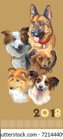 Vertical postcard with dogs of different breeds (german shepherd, Sheltie; toy Terrier; papillon; border collie) on beige background. 2018 year of dog. 