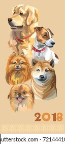 Vertical postcard with dogs of different breeds (golden retriever; small pomeranian; Pekingese, jack Russel terrier, shiba Inu) on beige background. 2018 year of dog. 