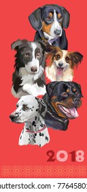 Vertical postcard with dogs of different breeds (Rottweiler; border collie; Dalmatian,papillon, Entlebucher Mountain Dog )on red background. 2018 year of dog. 