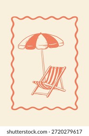 Postal de Vertical con sombrilla de playa dibujada a mano y tumbona a rayas. Contorno de coral sobre fondo beige. Turismo de verano, promoción de viajes o Plantilla de menú de restaurantes en estilo costero.