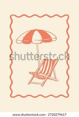 Vertical postcard with hand-drawn beach umbrella and striped deck chair. Coral outline on beige background. Summer tourism, travel promo, or restaurant menu template in seaside style.