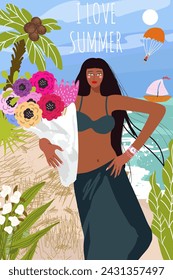 Vertical postcard with image of girl, woman on summer vacation in nature, seashore, ocean, flyer for summer party, background enjoying the moment. Vector illustration hand drawn illustration.
 