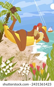 Vertical postcard with image of girl, woman on summer vacation in nature, seashore, ocean, flyer for summer party, background enjoying the moment. Vector illustration hand drawn illustration.
 
