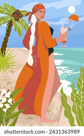 Vertical postcard with image of girl, woman on summer vacation in nature, seashore, ocean, flyer for summer party, background enjoying the moment. Vector illustration hand drawn illustration.
 