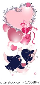 Vertical postcard with love birds and hearts. Vector manual graphics.With a place to record.Holidays, weddings, invitations.