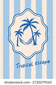 Vertical postal con palmeras, hamaca y frase de escape tropical. Estilo de playa de verano azul y beige. Conveniente para la invitación de vacaciones, cartel de viaje, boda o diseño de eventos tropicales.