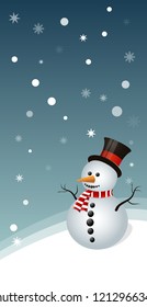 Vertical postcard with snowman and snowflakes