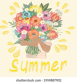 Vertical postcard template with cute hand drawing bright bouquet of flowers. Summer. Vector design concept for Valentines Day and other users. Vector Illustration.