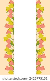 Vertikale Postkarte mit Tulpen auf dem Hintergrund, Platz für Postkartendesign für Frühlingsferien, 8. März, Muttertag