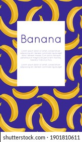 Vertical postcard with various bananas on blue background and place for text. Tropical fruits and healthy food. Vector template for menus, cards, recipes and your design