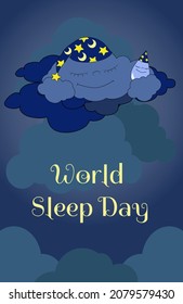 Vertical postcard World Sleep Day.The cartoon thundercloud  in a nightcap sleeps on the clouds in the night sky. Flat design vector illustration for web banner, web and mobile, infographics.