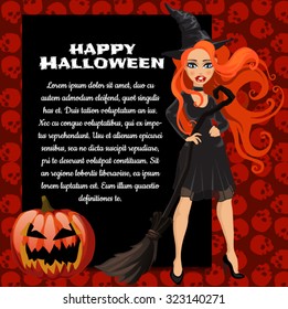 vertical postcards depicting beautiful young cheerful witch with space for sample text.  Halloween. Lamp Jack. Vector.