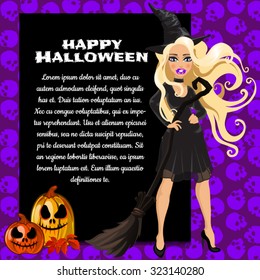 vertical postcards depicting beautiful young cheerful witch with space for sample text.  Halloween. Lamp Jack. Vector.