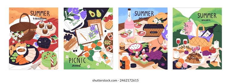 Vertical postcards of summer picnic set. Food, drinks, fruits, basket on blanket in park posters. Eating in nature on vacation. Romantic date, breakfast, cute meal outdoors. Flat vector illustrations