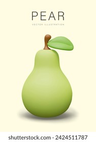 Vertical poster with 3D pear. Ripe green whole fruit with leaf