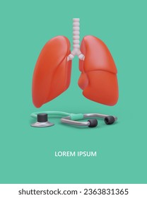 Vertical poster with 3d realistic lungs and medical instrument stethoscope. Medical examination and respiratory examinations concept. Vector illustration with green background
