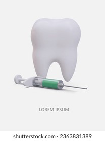 Vertical poster with 3d realistic tooth and syringe with anesthetize. Tooth treatment, caries treatment in clinic concept. Vector illustration with place for text