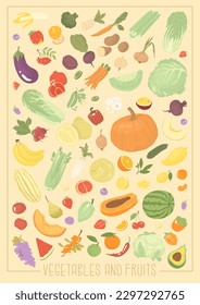 Vertical poster A3 format with the image of vegetables and fruits in vintage style. Design for a farmers market. Production of organic products. Vector illustration.