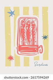Vertical sardines’ poster A3 with red open can on yellow stripes. Print wall art. Mediterranean aesthetic. Vector hand drawn graphic.