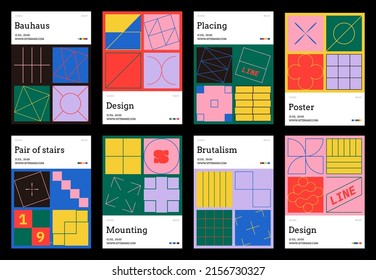 Vertical poster A4. Banners with geometric linear figures in memphis style. Set of abstract posters with squares and brutalistic shapes. Book cover with futuristic simple objects. Minimal Brochure Set