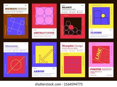 Vertical poster A4. Banners with geometric linear figures in memphis style. Set of abstract posters with squares and brutalistic shapes. Book cover with futuristic simple objects. Minimal Brochure Set