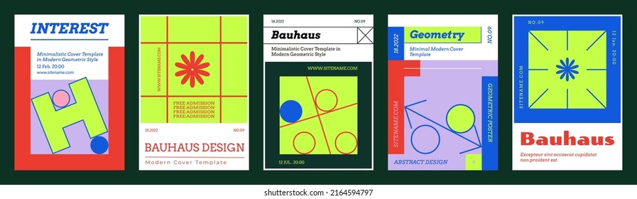 Vertikales Poster A4. Banner mit geometrischen linearen Figuren im Memphis-Stil. Set abstrakter Plakate mit Quadraten und brutalistischen Formen. Buchcover mit futuristischen einfachen Objekten. Minimaler Broschürensatz