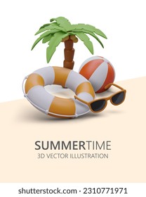 Vertical poster about summer relaxation by sea. Vacation at ocean resort. Pleasant and safe leisure time on beach. 3D palm tree, sunglasses, inflatable beach ball, lifebuoy. Active games in water