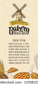 Vertical poster with bakery products and windmill. Vector color and monochrome hand drawn vintage engraving illustration. Isolated on the texture craft paper
