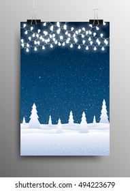 Vertical Poster Banner A4 Sized Vector Hanging With Paper Clips. White WInter Snow Falling Blue Background. Garland Light Bulb. Falling Snow. Winter Holiday. Snowdrifts. Merry Christmas & New Year.