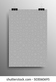Vertical Poster Banner A4 Vector Paper Clips. Grey Puzzle Pieces Arranged in a Rectangle - JigSaw - Vector Illustration. Jigsaw Puzzle Plank Template or Cutting Guidelines. Vector Background.