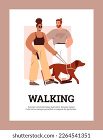 Vertical poster or banner about blind people flat style, vector illustration isolated on brown background. Smiling woman in dark glasses walking with stick and guide dog, rehabilitation