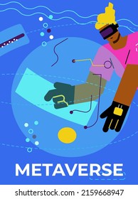 Vertical poster or banner about metaverse flat style, vector illustration. Young girl in virtual reality glasses learning metaverse, abstract geometry symbols and dotted lines