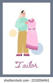 Vertical poster or banner about tailor shop flat style, vector illustration. Young woman tailor character holding ready pink dress, sewing concept, dressmaker