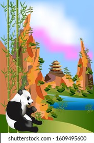 Vertical poster, banner with panda and Chinese mountain landscape. Panda, bamboo, rocks, mountains, river, house, bushes, pine stones. Concept for travel to Asia, web vector illustration.