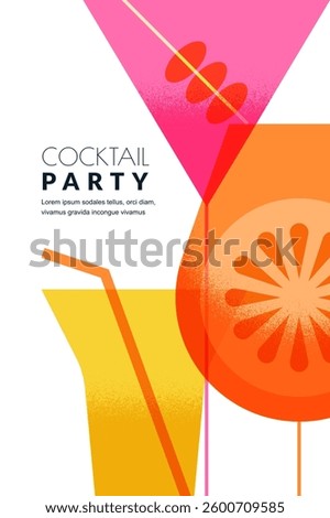 Vertical poster, banner, party invitation background with colorful cocktails. Vector flat illustration. Abstract geometric design for alcoholic drinks cocktail menu, bar, restaurant
