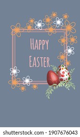 Vertical poster and banner template with 3d realistic Easter egg, frame,  simple outline flowers, and lettering. Promotion, shopping, greeting card, postcard, and presents for Easter Day
