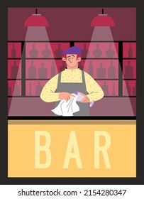 Afiche vertical para el estilo plano de barra, ilustración vectorial. Vidrio de barman, barra interior con barra, botellas de alcohol en estanterías, lámparas