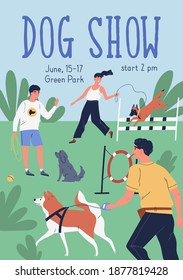 Vertical poster for breed show vector flat illustration. Advertising for dog or cynologist championship event. Pet owners performing tricks with their pers. Promo template with place for text