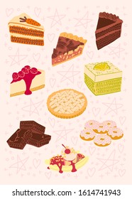 Vertical poster or card with classic American desserts. Color illustrations of cakes, pies, donuts. Abstract doodle background.