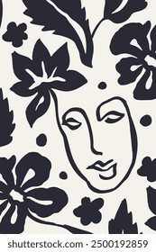 Vertical poster or card with ink wash drawing of abstract female face and flowers silhouette on white background. Monochrome minimalist portrait wall art. Modern trendy floral sketch of woman head