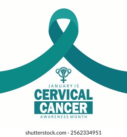 Vertical poster for Cervical Cancer Awareness Month. Teal ribbon, medical uterus icon, and bold text on a clean white background. Modern flat vector illustration.