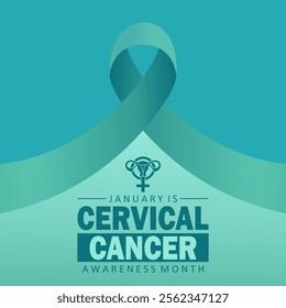 Vertical poster for Cervical Cancer Awareness Month. With a teal ribbon, a uterus symbol, and bold text emphasizing the campaign. Minimalist design with gradient teal tones.