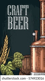 Vertical poster for craft beer. Tanks from brewery factory, hop, wheat. Vintage vector engraving illustration on dark background.