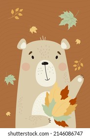 Vertikales Poster mit süßem Herbstbär mit Strauß bunter Blätter auf braunem Hintergrund mit Herbstblättern. Vektorgrafik. Design, Druck, Kindergarten, Zimmerdekoration, Postkarten, Kinderkollektion