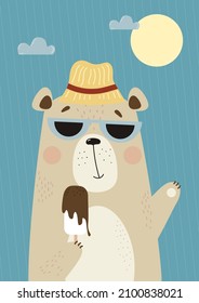 Vertical poster with cute bear in hat and sunglasses with ice cream on blue background with sun and clouds. Vector illustration. For design, print, nursery, room decor, postcards, kids collection