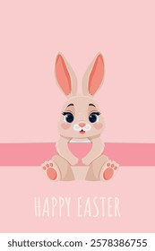 Vertical poster with cute cartoon smiling bunny. Vector Happy Easter banner with rabbit.