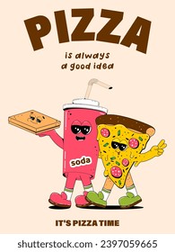 Afiche vertical con tierna pizza y personajes de refresco al estilo retro de las caricaturas. Imagen vectorial de una mascota de comida rápida con brazos, piernas y una cara alegre.